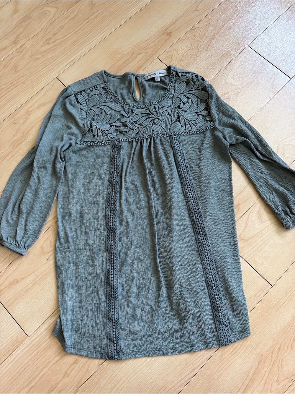 Absolutely Famous Olive Green Lace Yoke Women's Top